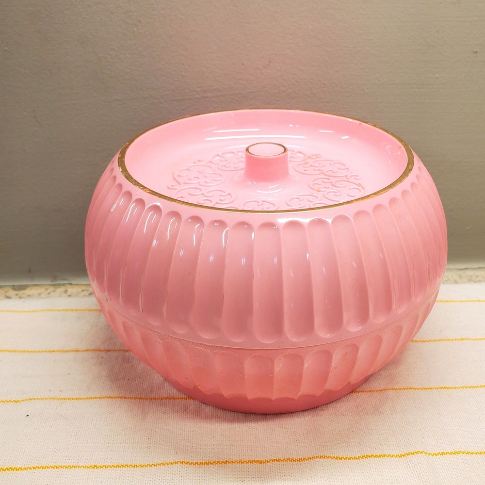 Vtg April Showers Dusting Powder Container Pink Plastic Fluted Vanity Jar Puff - Picture 5 of 8